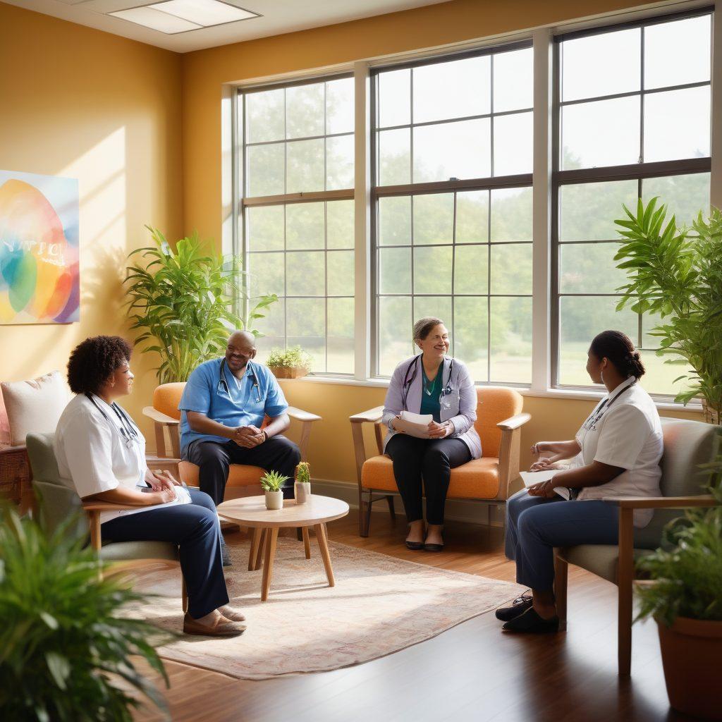 A warm and inviting healthcare setting featuring diverse patients engaging in a supportive group session, with a cheerful wellness program banner in the background. Soft, natural light filtering through large windows, and plants adding a touch of nature. Include a caring healthcare professional facilitating the session, embodying compassion and enthusiasm. super-realistic. vibrant colors. soft focus.