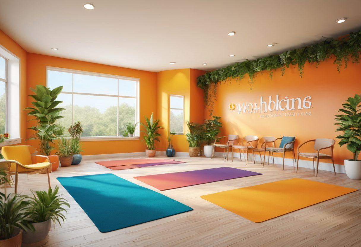 An inviting healthcare setting showcasing a diverse group of patients and healthcare providers engaged in joyful interactions. Incorporate elements of holistic treatment, such as yoga, nutrition, and compassionate care. Bright, cheerful colors and an uplifting atmosphere that radiates positivity and wellness. Include a modern clinic backdrop with greenery to symbolize growth and healing. 3D. vibrant colors.