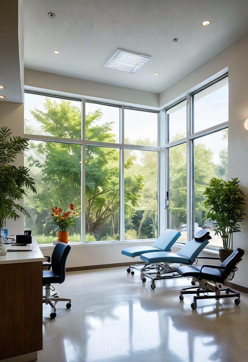 A serene and welcoming clinic environment, showcasing a diverse team of healthcare professionals engaging with patients in various treatment settings. Include modern medical equipment and comforting spaces that emphasize holistic health and wellness. Natural light streaming through large windows, greenery in the background, reflecting a sense of care and compassion. super-realistic. vibrant colors. bright and airy atmosphere.